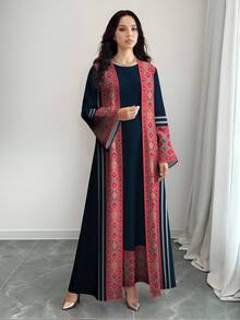 SHEIN Najma 女士复古图案条纹几何印花优雅圆领长款连衣裙配长款开衫，休闲两件套，春夏款 - 彩色 - 查看 4
