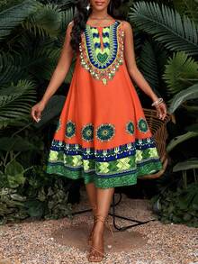 SHEIN Lady Petite Lady Petite Women's Floral Print Sleeveless Casual Midi Dress,Orange Summer Boho Tropical Vacation Holiday Beach Outfits Elegant Spring Summer Clothes - Multicolor - View 5