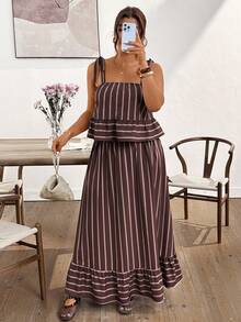 Lounesse 大码女式条纹棕色两件套，无袖上衣和宽松长裤，休闲日常穿着 - 棕色 - 查看 7