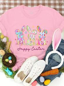 EMERY ROSE Plus Size Women's Sequin Easter Bunny Graphic Tees 'happy Easter' Letter Short Sleeve Easter T-Shirt Print Design Women Tops - Pink - View 1