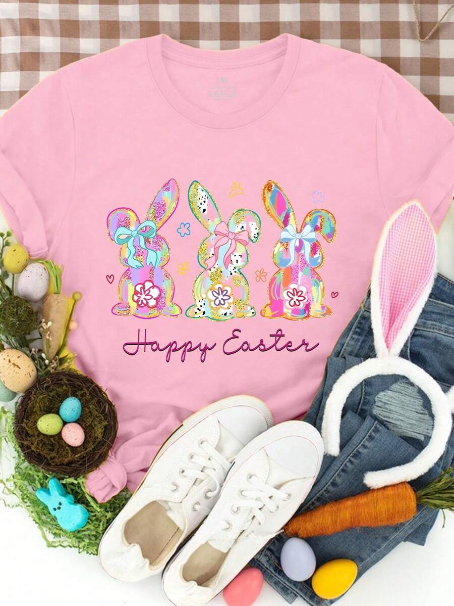 EMERY ROSE Plus Size Women's Sequin Easter Bunny Graphic Tees 'happy Easter' Letter Short Sleeve Easter T-Shirt Print Design Women Tops - Pink - View 1