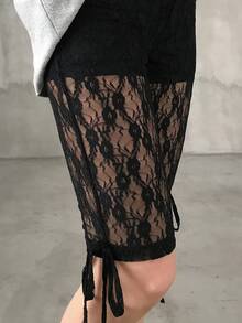 FRIFUL Quần legging nữ màu trơn, viền ren, thắt nơ ở eo, thích hợp cho mùa hè. - màu đen - Xem 7
