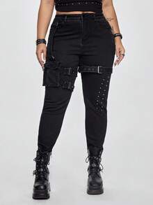 ROMWE Goth Spring/Summer Plus Size Women's Punk Rock Distressed Pocket Skinny High Stretch Jeans - Black - View 1