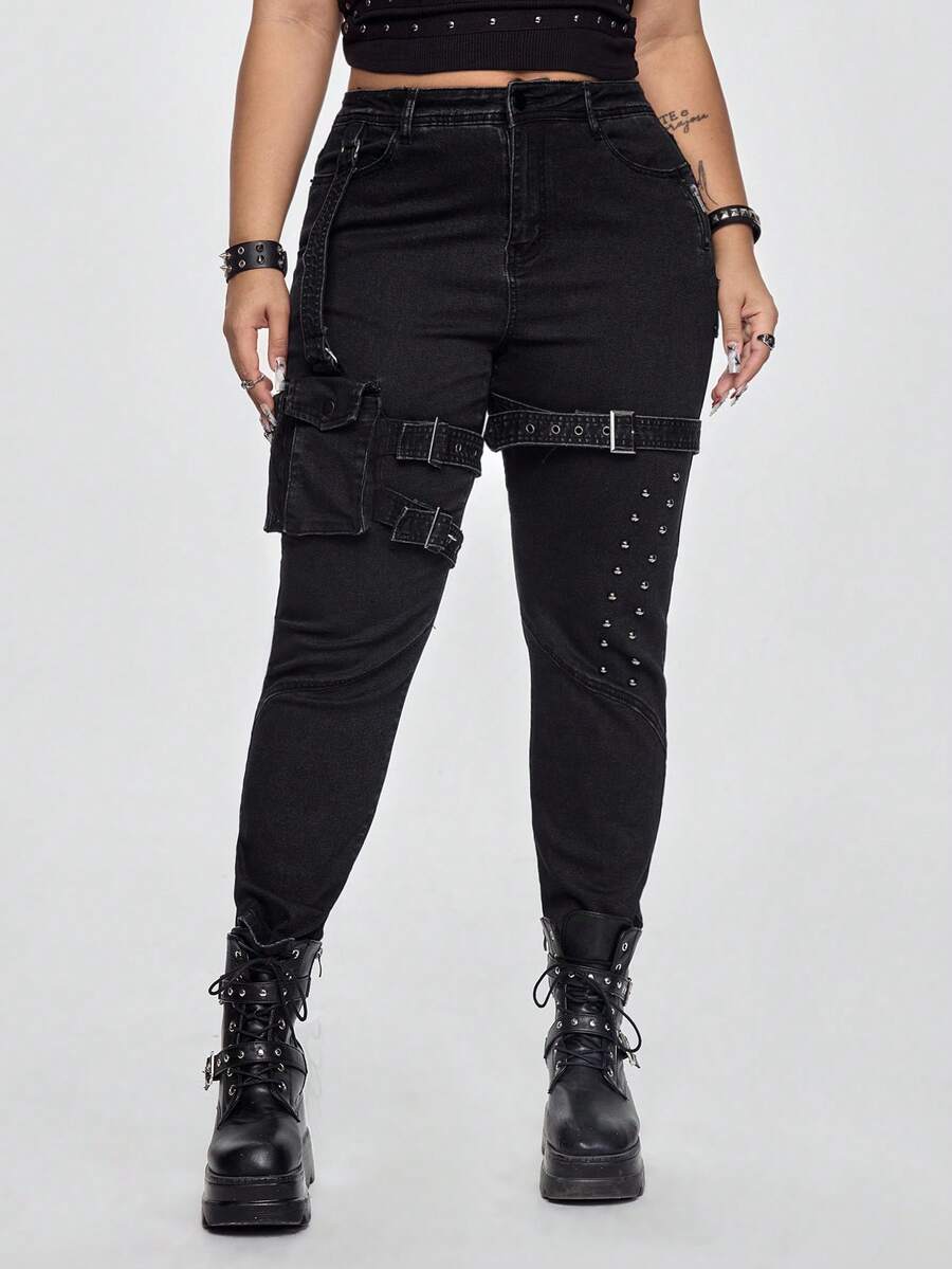 ROMWE Goth Spring/Summer Plus Size Women's Punk Rock Distressed Pocket Skinny High Stretch Jeans - Black - View 1