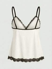 ROMWE Fairycore Áo camisole thời trang thanh lịch phối ren tương phản màu sắc - Màu be - Xem 2