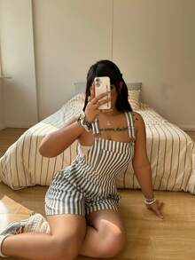 Sunnyshic 春夏秋冬韩版复古条纹背带短裤女装夏季新款个性休闲宽松显瘦阔腿连体裤/设计感小众条纹背带短裤女装夏季新款韩版休闲高腰宽松显瘦短裤 - 黑與白 - 查看 4