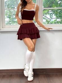 SHEIN EZwear 女士黑色双层荷叶边A字短裙，适合夏季外出 - 酒紅色 - 查看 5