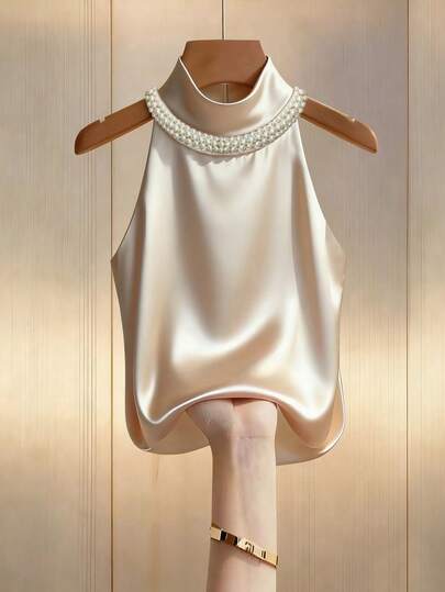 Resyla Women's Satin Shiny Fabric Sleeveless Tank Top With Pearl Decor, Summer