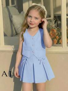 Souflis Souflis Young Girls Sweet Pink Sleeveless Pearl Button Vest + Bowknot Pleated Skirt 2-Piece Set, Elegant Casual Summer Outfit - Blue - View 1