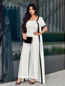 Modelyn Summer Middle East Style Sleeveless Striped 2 Pieces Casual Long Jumpsuit Set - White - View 2