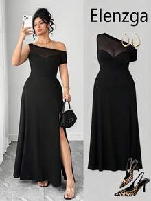 Elenzga Women's Plus Size Black Summer Elegant Formal Dinner Evening Dress,Mesh Patchwork Waist,Fitted Asymmetric Hem High Slit For Club Parties&Gatherings - Black - View 1
