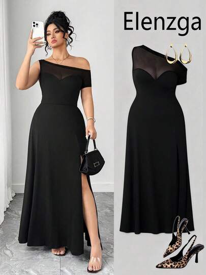 GlowEve CURVE Vestido asimétrico elegante y ajustado con abertura alta para mujer de talla grande, diseño de cintura con parches de malla, adecuado para reuniones diarias, fiestas en club, salidas nocturnas