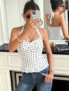 Almamuse Women's Elegant Fashionable Minimalist Versatile Fitted Halter Neck Frill Trim Polka Dot Print Tank Top, Summer Cute Women Tops Cute Top Peplum Top Women Sexy Tops For Women Summer Pokadot Top - White - View 4