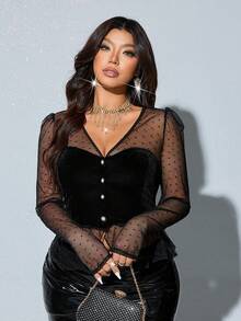 Viva Relle Plus Size Women Sexy V-Neck Front Button Sheer Long Sleeve Blouse - Black - View 5