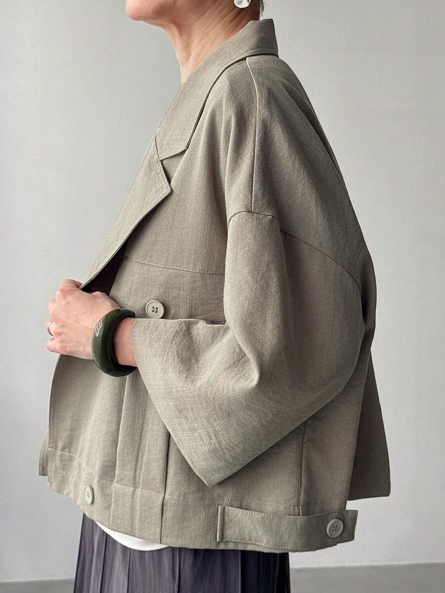 FRIFUL 女士休闲翻领落肩宽松短款外套，适合春秋季日常通勤 - 灰色 - 查看 1