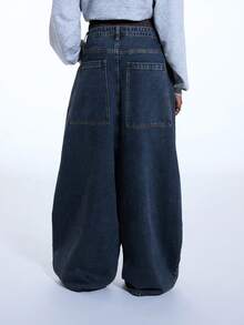 COUREZ Low Rise Drop Crotch Extreme Baggy Balloon Jeans With Back Square Pockets In Washed Denim /Y2K Winter Clothes For Women Street Streetwear Cotton Baggy Jeans Casual Going Out Outfits Birthday Outfits - Medium Wash - View 4