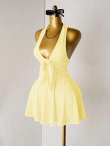 Mistrie Women's Solid Color Deep V-Neck Tie Front Sexy Halter Dress - Apricot - View 4