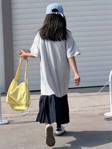 DAZY Tween Girls' Casual Colorblock Pleated Hem Letter Embroidery Dress, Summer - Grey - View 5