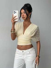 Aloruh Apricot Deep V Ruched Short Sleeve Tight Waist Women T-Shirt, Lacey Top, Blouses For Women New Crop, Womens Tops For Summer,Butter Yellow,Summer Top,Work Tops For Women,Office Attire For Women - Light Yellow - View 4