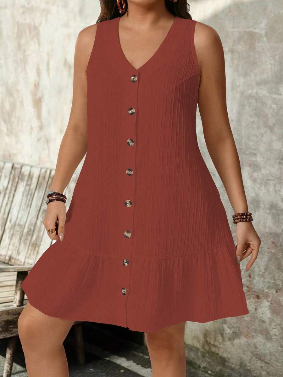 SHEIN PETITE Vestido de tela texturizada con cuello en V sin mangas para tallas grandes - Rojo - Ver 1