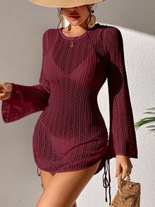 Glyssa Women's Solid Color Round Neck Sheer Drawstring Long Sleeve Dress Cover-Up - Red - View 6