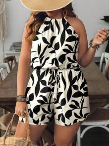 SHEIN CURVE+ Curve 尺码 US22 音乐节、海滨度假、波西米亚风女士度假植物印花休闲吊带连体裤短款连体裤可爱女式连身裤 - 黑與白 - 查看 7