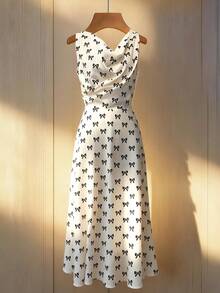 Franclia Women's Elegant Casual Bow Print Loose Neck Dress - White - View 1
