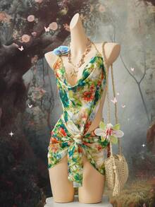 SHEIN DivaQ Vacation Floral Print Sexy Halter Dress, Spring/Summer - Multicolor - View 3