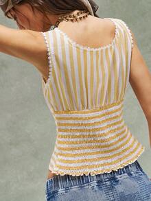 Bohemela Áo tank top nữ dệt kim cổ ren kẻ sọc dáng rộng, lưng thun co giãn, thích hợp cho ngày Valentine, kỳ nghỉ, mùa hè, thanh lịch, mùa xuân. - Màu vàng - Xem 6