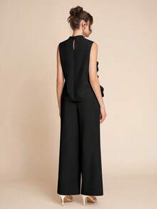 Amorya Women's New Fashionable Elegant Romantic 3D Floral Top & Wide Leg Pants 2 Pieces Set Ruffle Pants Black Tops Elegant Structured Top Black Wide Leg Pants Women - Black - View 2