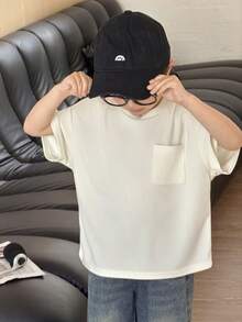 SHEIN 1件男童休闲华夫格纹口袋短袖圆领T恤，舒适、时尚、百搭、柔软，适合春夏穿着，日常穿着、户外活动、上学、街头风、派对和休闲场合。 - 杏色 - 查看 5