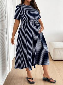 Plussiva Gaun Kasual Longgar Bergaris untuk Ibu Hamil, Ukuran Besar - Royal Blue - View 10