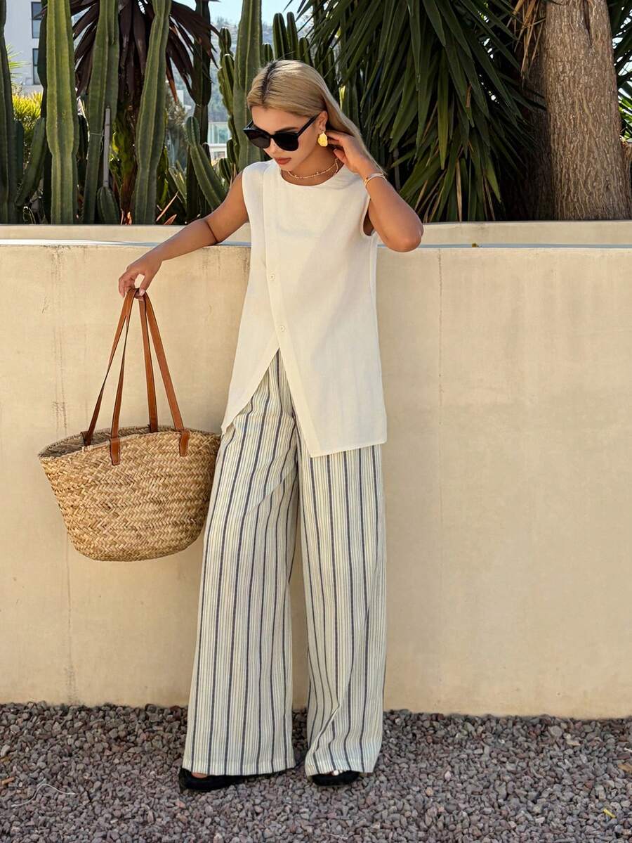 DAZY Women's Round Neck Sleeveless Slit Back Tank Top And Striped Loose Pants 2 Pieces Vacation Set - Beige - View 1