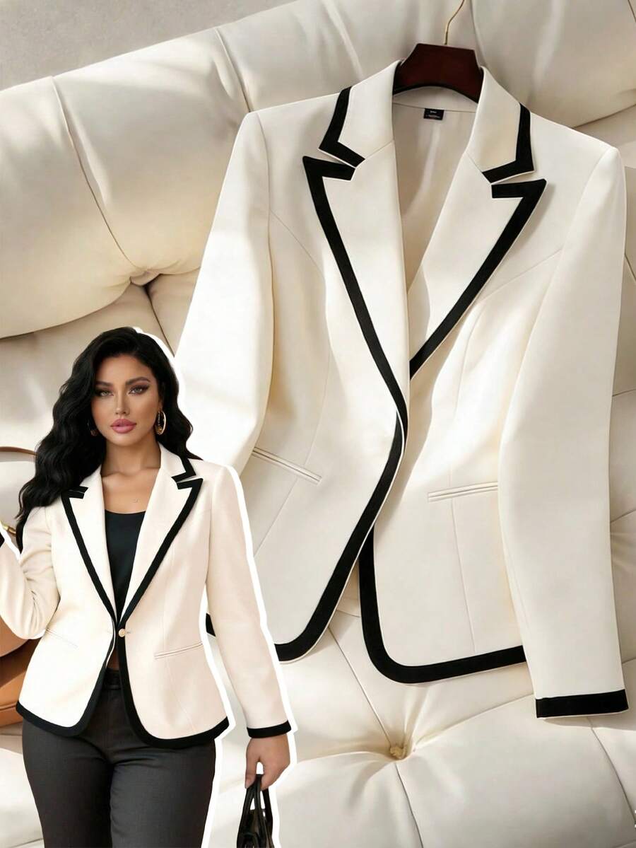 Elenzga Plus Size Colorblock French Style Blazer Jacket For Women, Elegant High-End Luxury Chic Formal Double-Breasted Suit, Autumn Suit Jacket For Women Professional Clothes Women Blazer Women's Suits Women Office Wear - Apricot - View 1