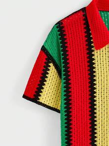 EASEVO Plus Size Men's Colorful Striped Print Front Button Short Sleeve Cardigan - Multicolor - View 7
