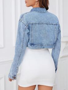 SHEIN ICON 女款落肩長袖口袋牛仔夾克 - 藍色 - 查看 3