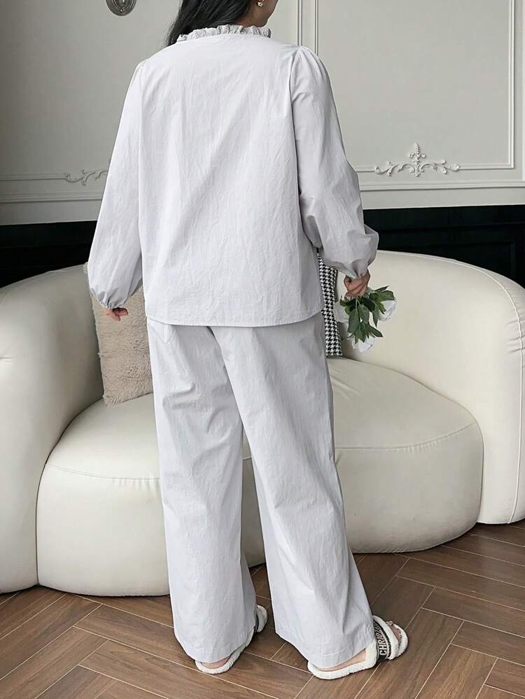 Dazy Plus Plus Size 100% Cotton Comfortable Casual Lace Trim Pajama Set