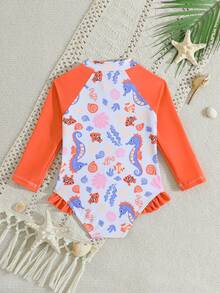 SHEIN Traje de baño de una pieza con cremallera, de manga larga y estampado de palmeras de la isla, para niñas pequeñas. Traje de baño con protección solar y manga raglán con volantes, lindo - Multicolor - Ver 2