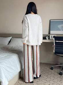 DAZY 猫咪图案宽松长袖条纹针织睡衣套装，女士秋冬款 - 深灰色 - 查看 2
