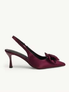 CUCCOO CHICEST 女士春夏蝴蝶结性感尖头细跟7.5厘米缎面纯色高跟鞋，适合日常通勤和约会穿着。 - 酒紅色色丁 - 查看 3