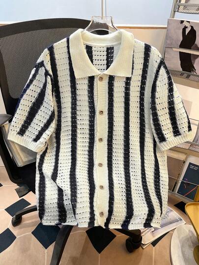 Manfinity Joysei 男士条纹短袖镂空单排扣休闲针织上衣