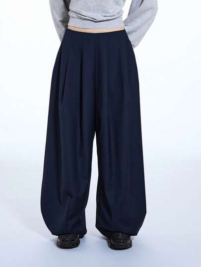 COUREZ 宽松灯笼裤，腰部饰有褶裥 / Y2K 春季女装，可爱商务休闲装，蓝色长裤，女士办公室着装，外出着装，夏季长裤，蓝色夏季穿搭