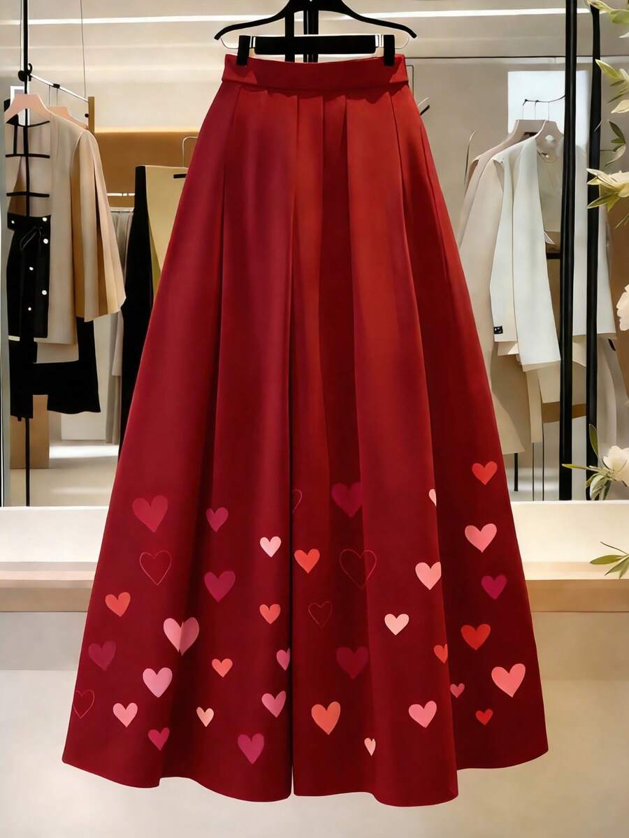 SHEIN LUNE 女士涤纶多色喇叭长裙,饰有可爱爱心图案,休闲风格,红色,适合青少年、正式场合和优雅场合穿着。 - 彩色 - 查看 1