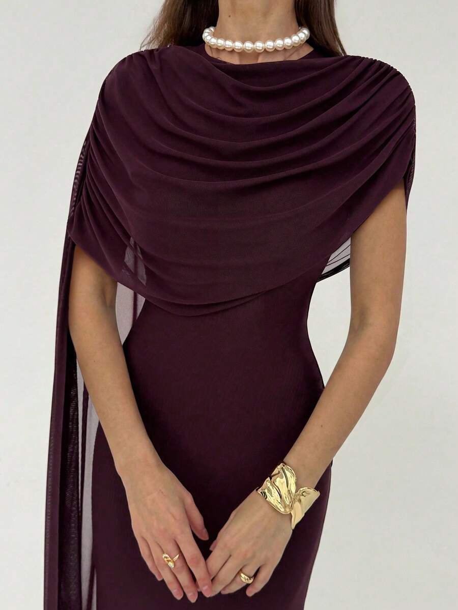 Aloruh Đầm nữ màu trơn, thiết kế áo choàng lưới, kiểu dáng thanh lịch, thắt eo, thích hợp cho các buổi hẹn hò và tiệc tùng. - Màu tím - Xem 1