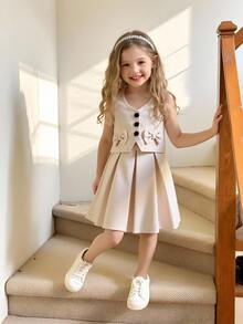 Elladie kids 两件套少女夏季通勤休闲套装：蝴蝶结装饰背心和百褶裙 - 卡其色 - 查看 3