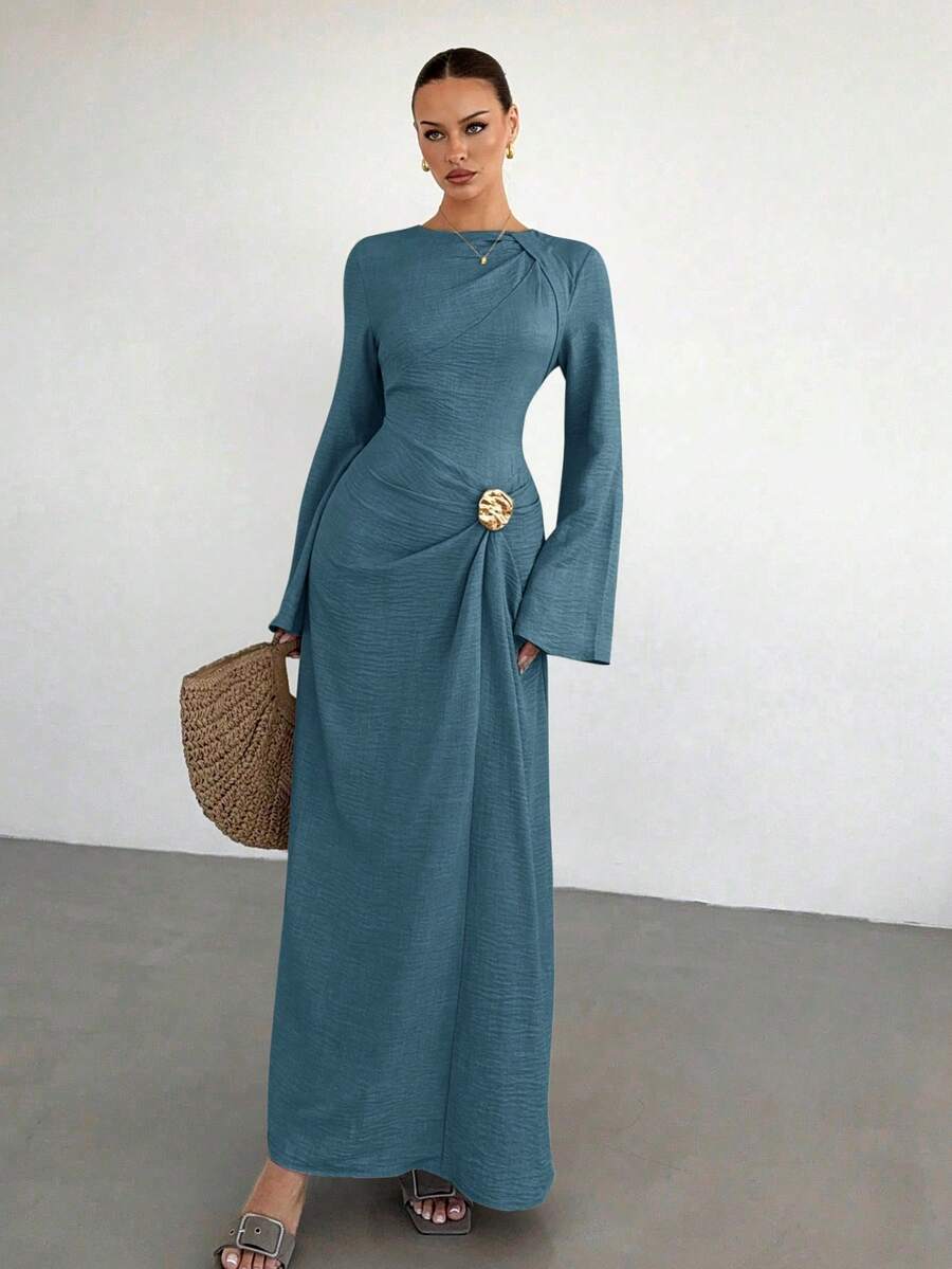 Siren Gaze 女士纯色扭结细节金属扣装饰喇叭长袖连衣裙，女士婚礼宾客礼服，女士冬季正式礼服 - 藍色 - 查看 1