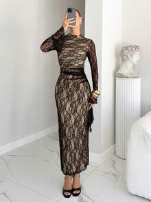 Siren Gaze Women's Elegant New Lace Fitted Flare Sleeve Stand Collar Dress - Black - View 3