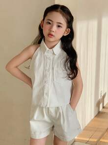 DAZY Bộ đồ mùa hè cho bé gái, kiểu dáng đơn giản, màu trơn, không tay và quần short denim rộng rãi, thích hợp đi làm hàng ngày. - trắng - Xem 5
