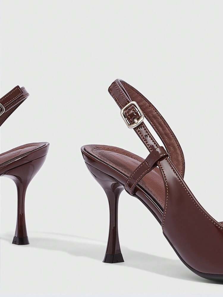 CUCCOO SZL Women's Pointed Toe Brown Patent Leather Minimalist Style Ankle Strap Stiletto High Heel Pumps, Fashionable & Sexy For Dates