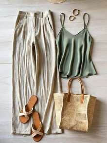 Franclia Women's Spaghetti Strap Sleeveless Summer Camisole And Straight Leg Pants 2 Pieces Set - Multicolor - View 1